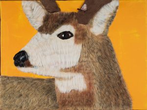Mule deer buck shedding velvet I (Acrylic paint, paintbrush hairs, paperpache, plastic)